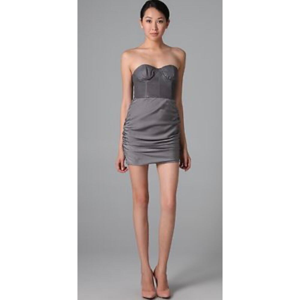 Alice + Olivia Leather Silk Strapless Tube Top Mini Dress Grey Silver Bustier 2
